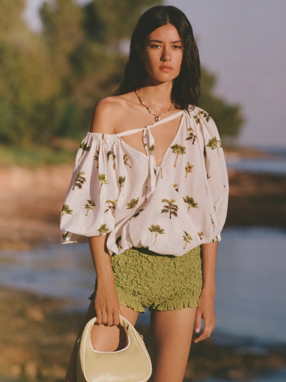 Anthropologie Celandine Puff-Sleeve Bubble Blouse Cotton Palm Print nwt
